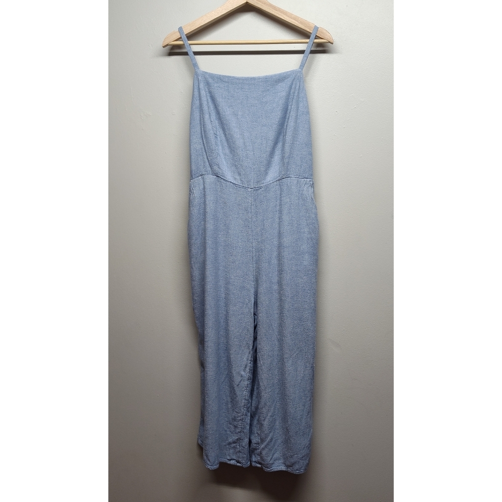 Old Navy Jumpsuit Women Sze L Blue Linen Blend Pockets Sleevelees Beachy Casual